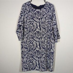 Garnet Hill Navy Print 3/4 Sleeve‎ Silk Shift Midi Dress Women Size 10